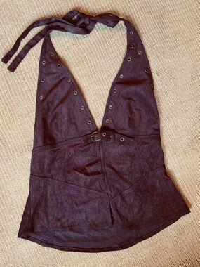 Beautiful Chaos suede look chocolate brown Halter Top with metal Eyelet Detail